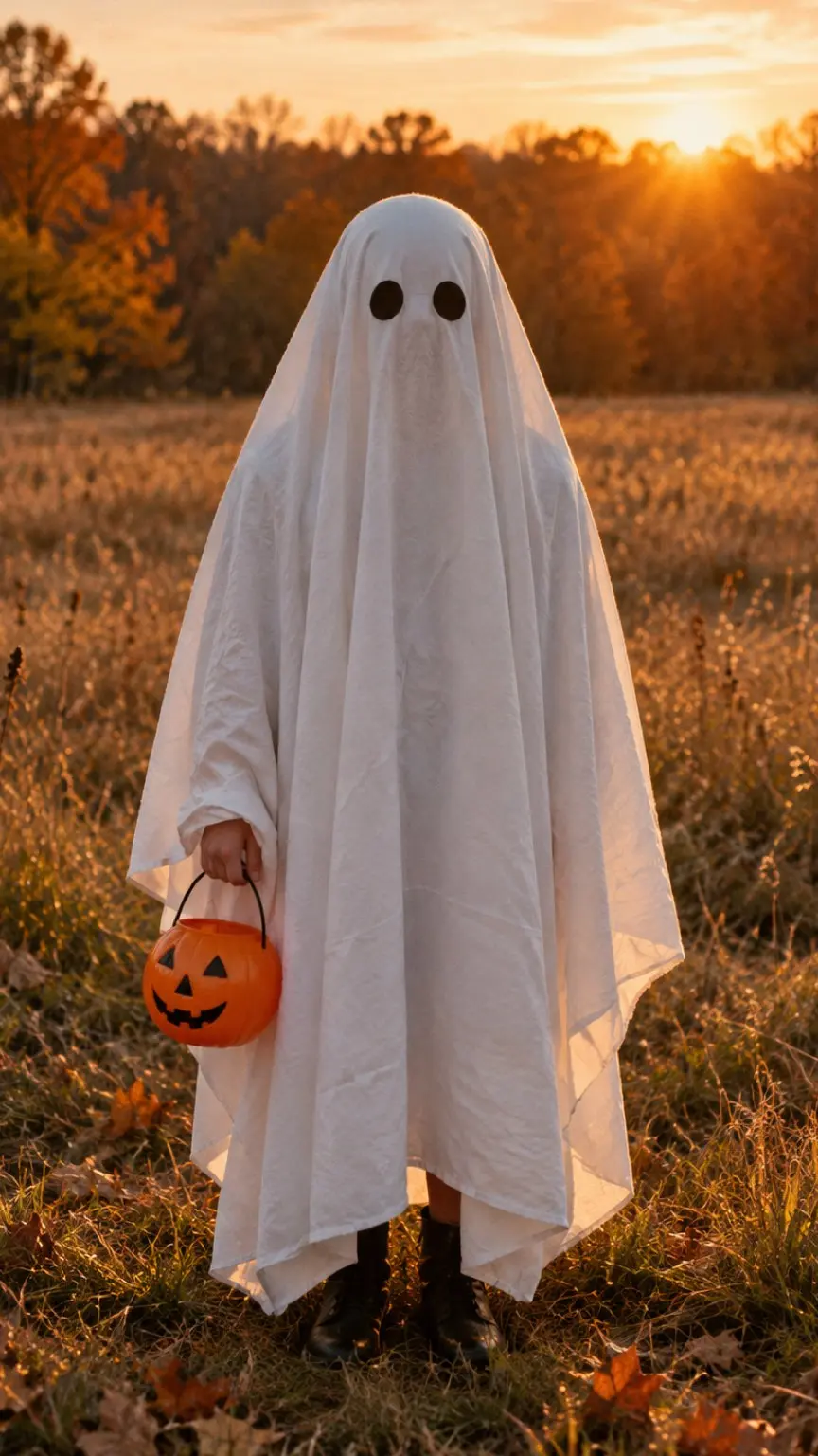 Vertical photo of a person in a white bedsheet ghost costume holding an orange pumpkin bucket in an autumn field at sunset