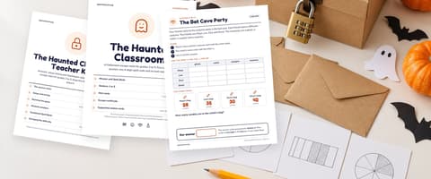 Printed pages from the Haunted Classroom escape room, the teacher key cover, the learner pack cover and the Bat Cave Party logic grid, laid on a table beside a locked box, envelopes and pumpkins