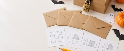 Halloween escape room setup on a classroom table: a kraft box with a 4-dial combination padlock, sealed envelopes, puzzle cards with a grid and fraction diagrams, pencils, mini pumpkins and paper bats