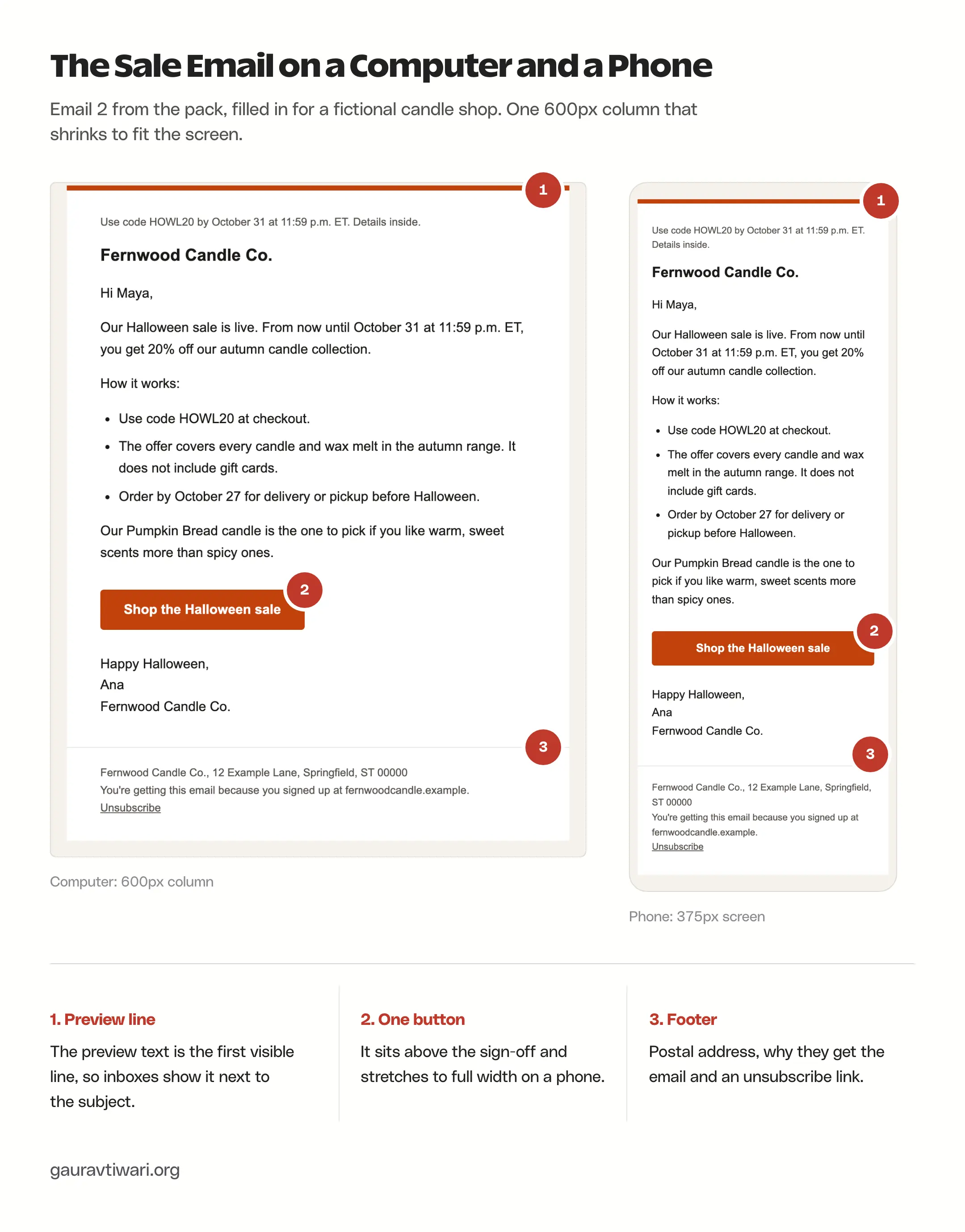 Halloween sale announcement email for a fictional candle shop shown on a computer in a 600px column and on a phone, with the preview line, button and footer marked