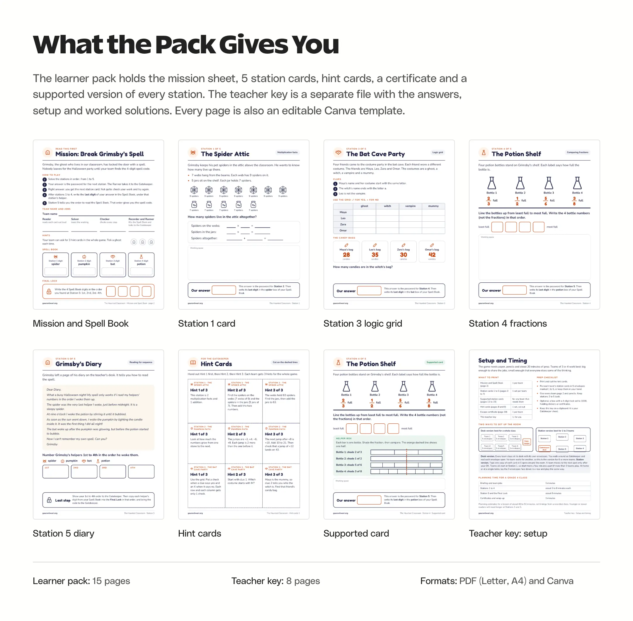 Page previews from the Halloween escape room printable: mission and Spell Book sheet, station cards for multiplication, logic grid, fractions and the diary, hint cards, a supported card and the teacher key setup page