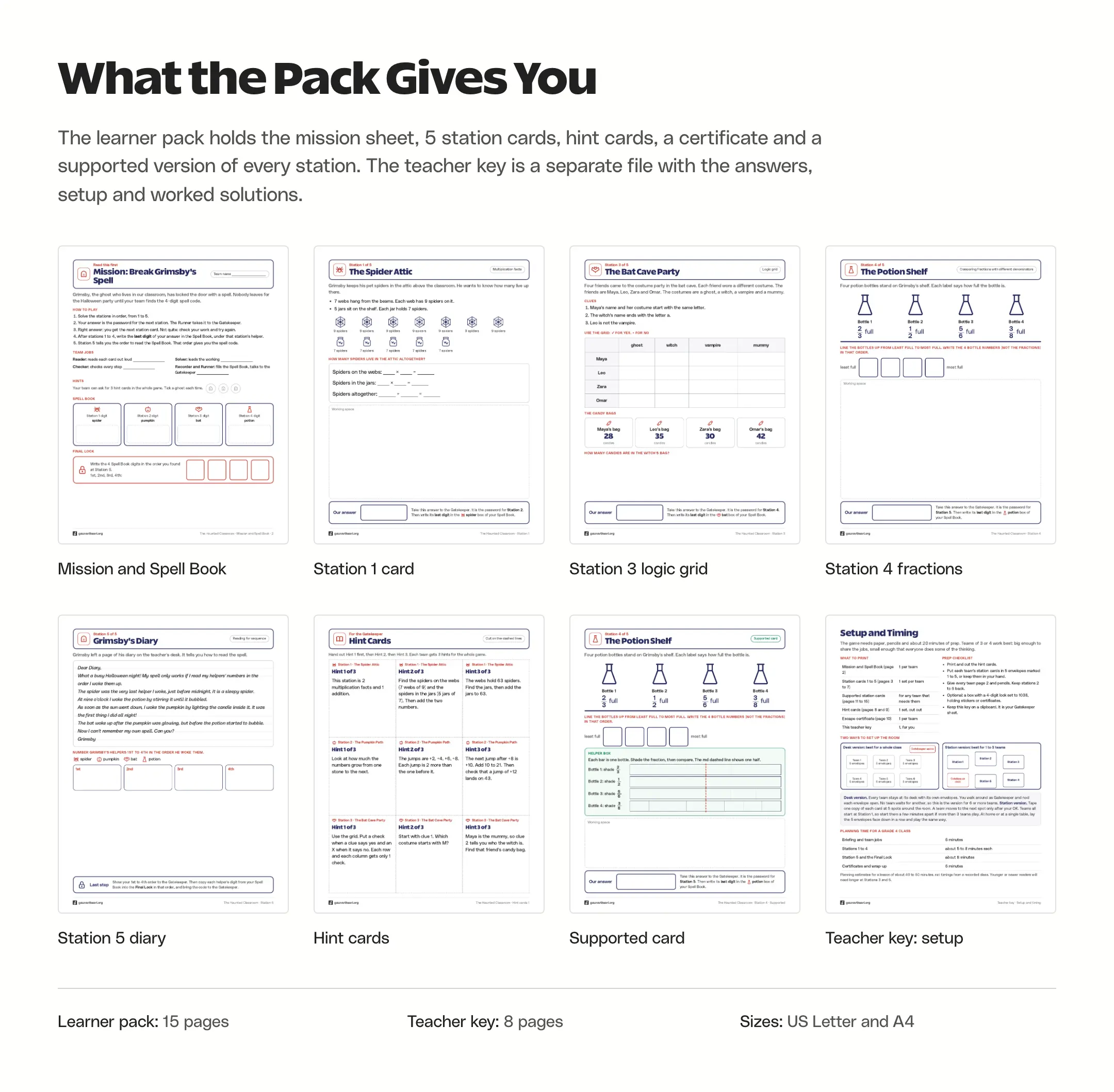 Page previews from the Halloween escape room printable: mission and Spell Book sheet, station cards for multiplication, logic grid, fractions and the diary, hint cards, a supported card and the teacher key setup page