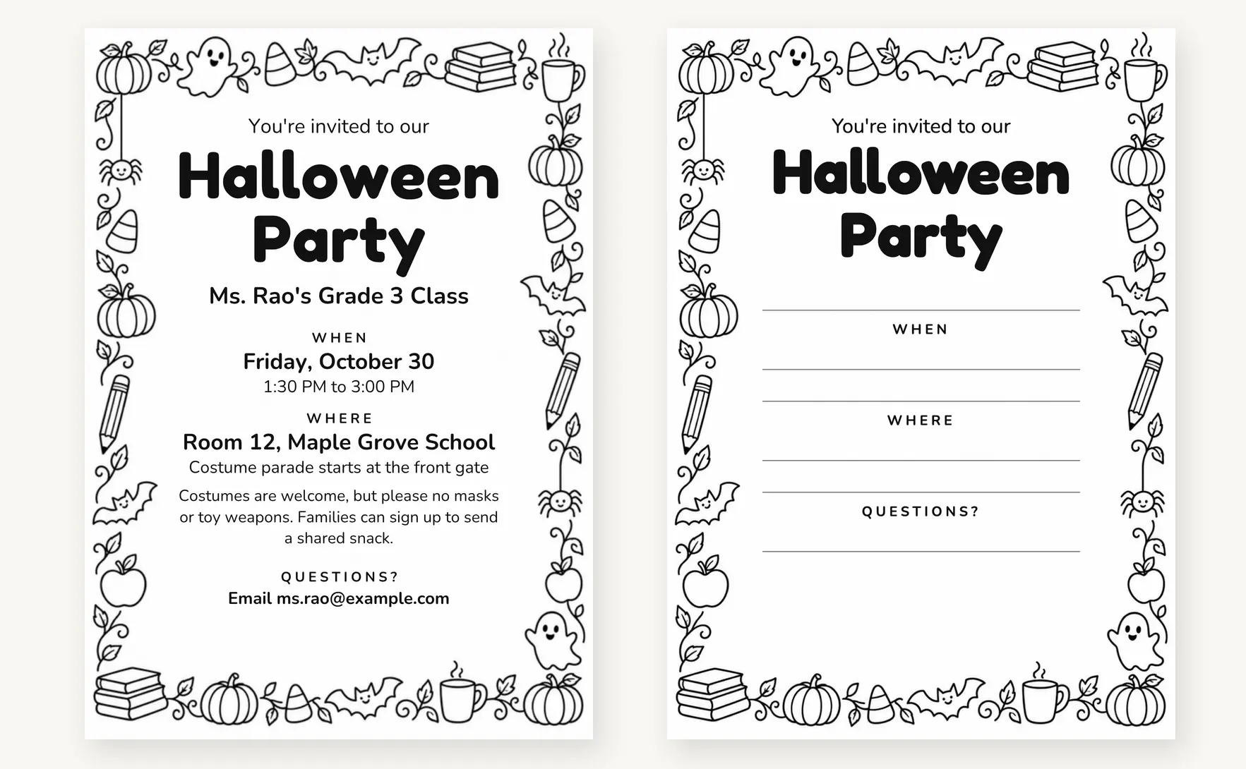 Low-ink black-and-white Halloween party invitation with a doodle border, shown filled in next to its write-in version with blank lines for when, where and questions