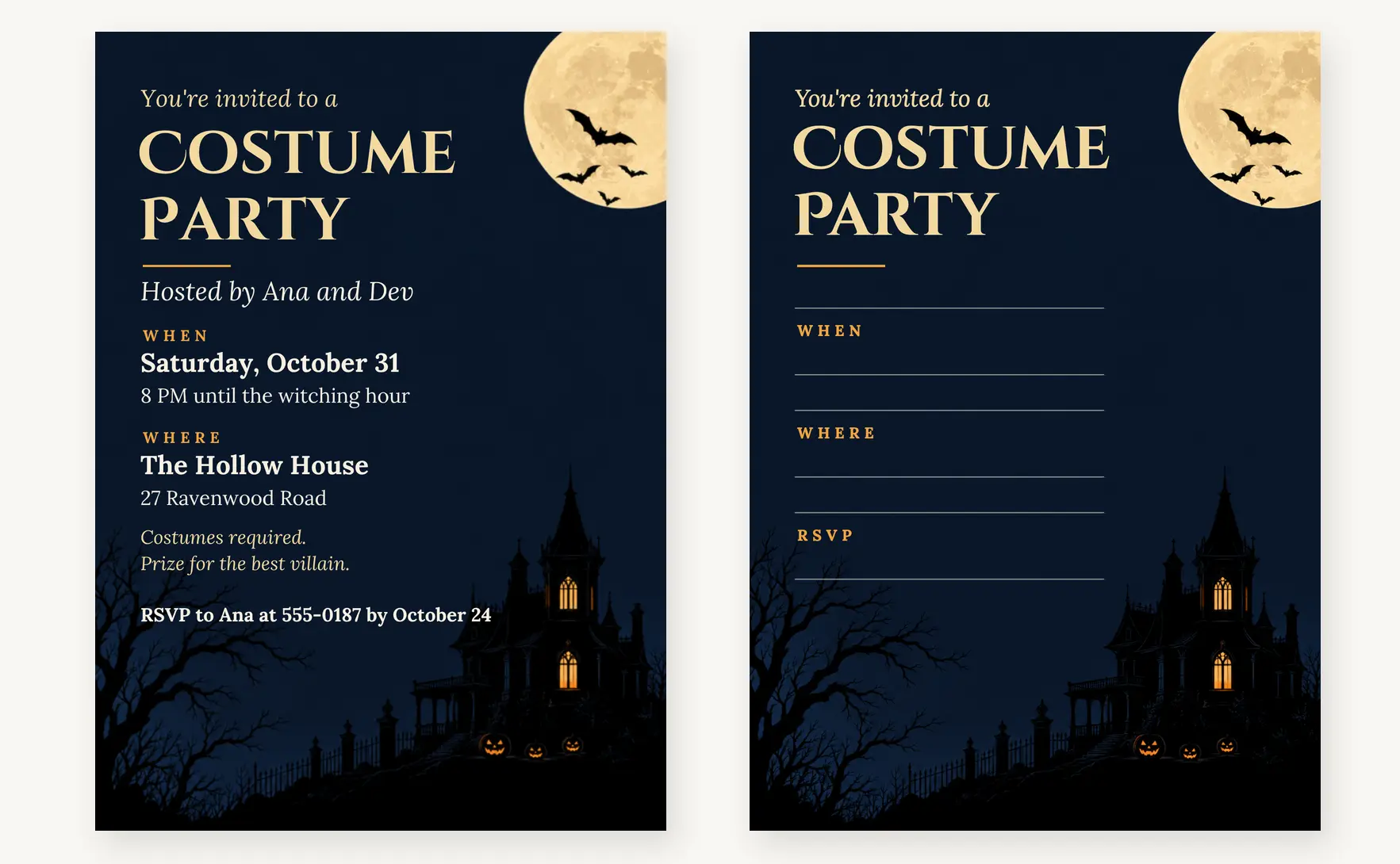 Adult Halloween costume party invitation with a full moon and a haunted mansion on a navy sky, shown filled in next to its write-in version with blank lines