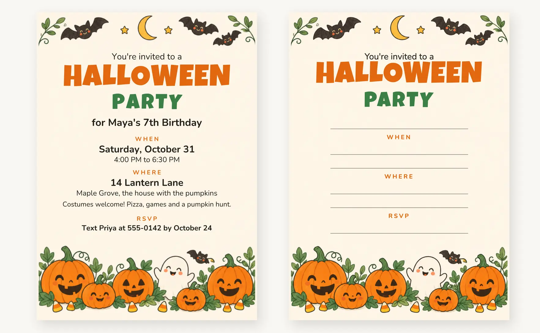 Kids Halloween party invitation with smiling jack-o-lanterns and a friendly ghost, shown filled in next to its write-in version with blank lines for when, where and RSVP