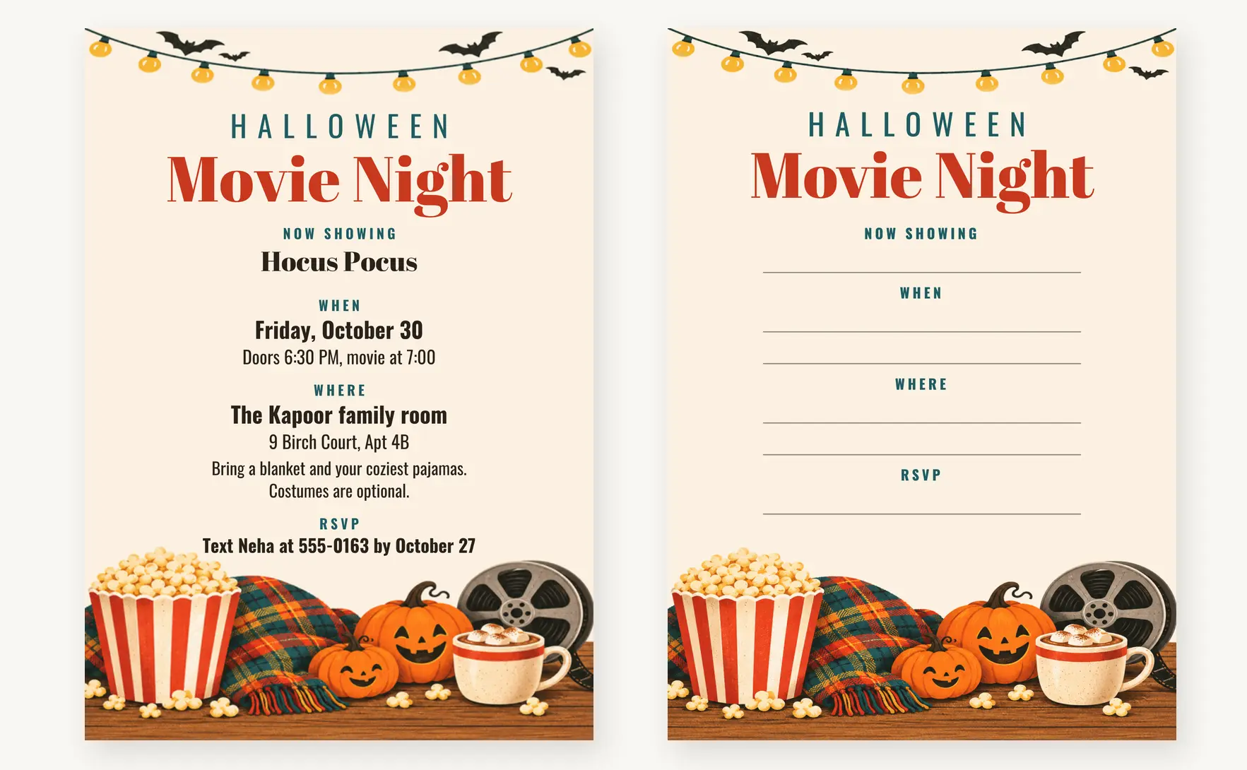 Family Halloween movie night invitation with string lights, popcorn and pumpkins, shown filled in next to its write-in version with blank lines