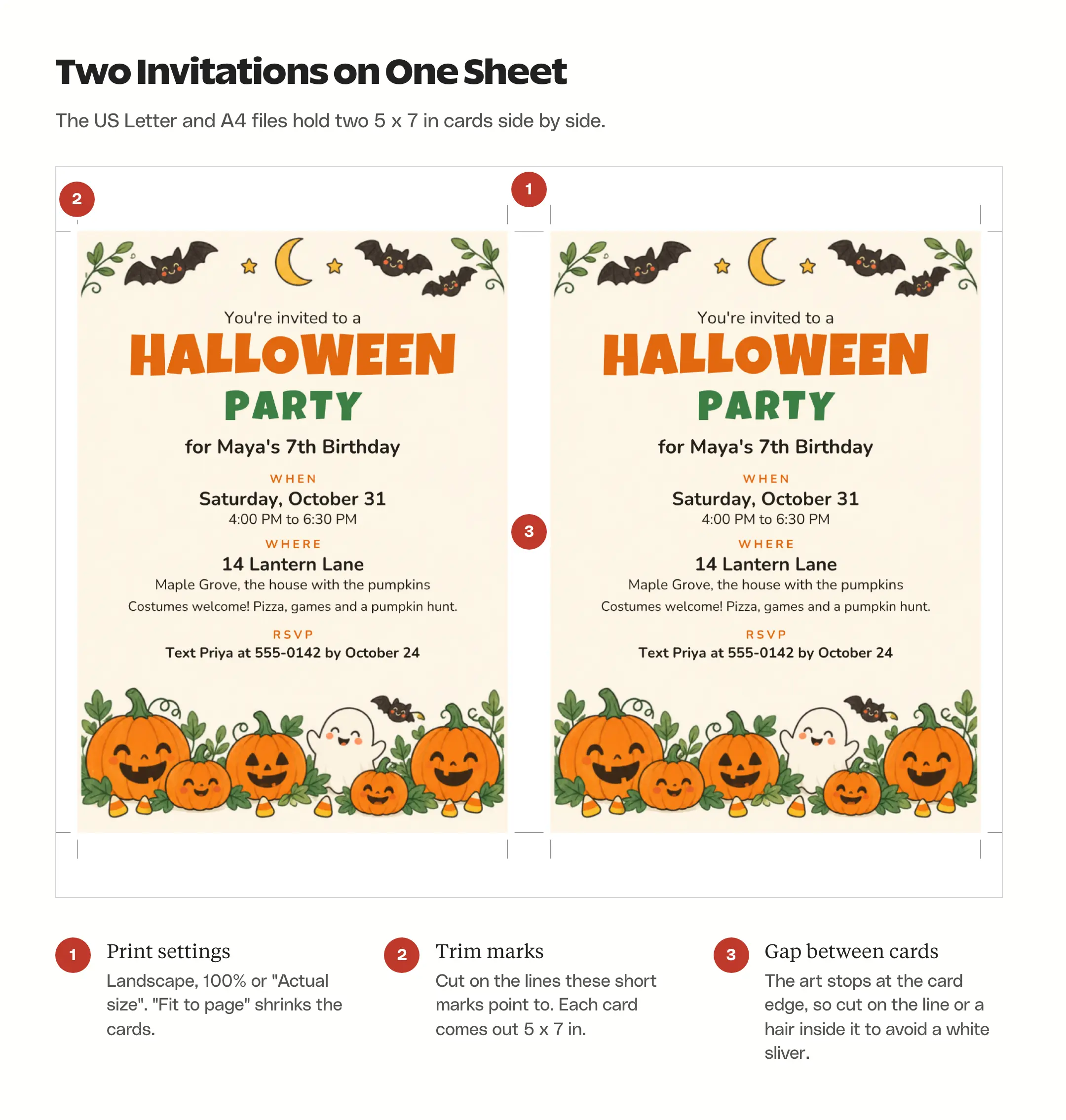 US Letter sheet with two 5x7 Halloween invitations, numbered to show the print settings, the trim marks and the gap between the cards