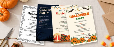 Four printed Halloween party invitations on a linen tablecloth with pumpkins, candy corn, kraft envelopes, scissors and twine