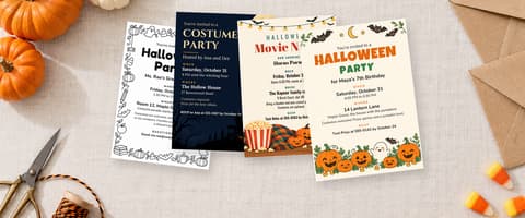 Four printed Halloween party invitations on a linen tablecloth with pumpkins, candy corn, kraft envelopes, scissors and twine