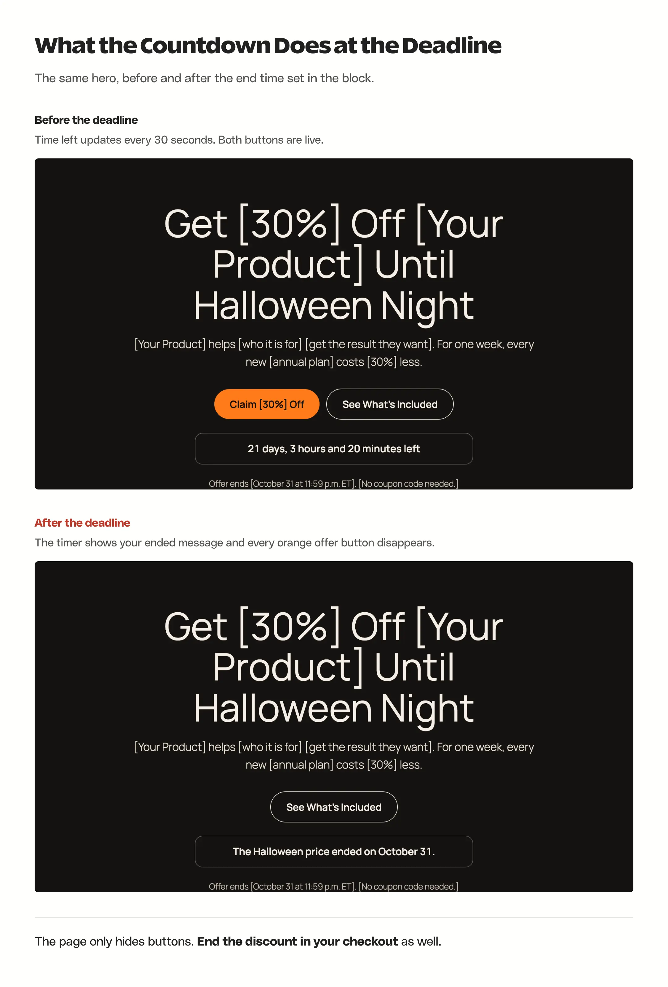 Halloween landing page hero before the deadline with a countdown and two buttons, and after the deadline with an ended message and the orange button removed