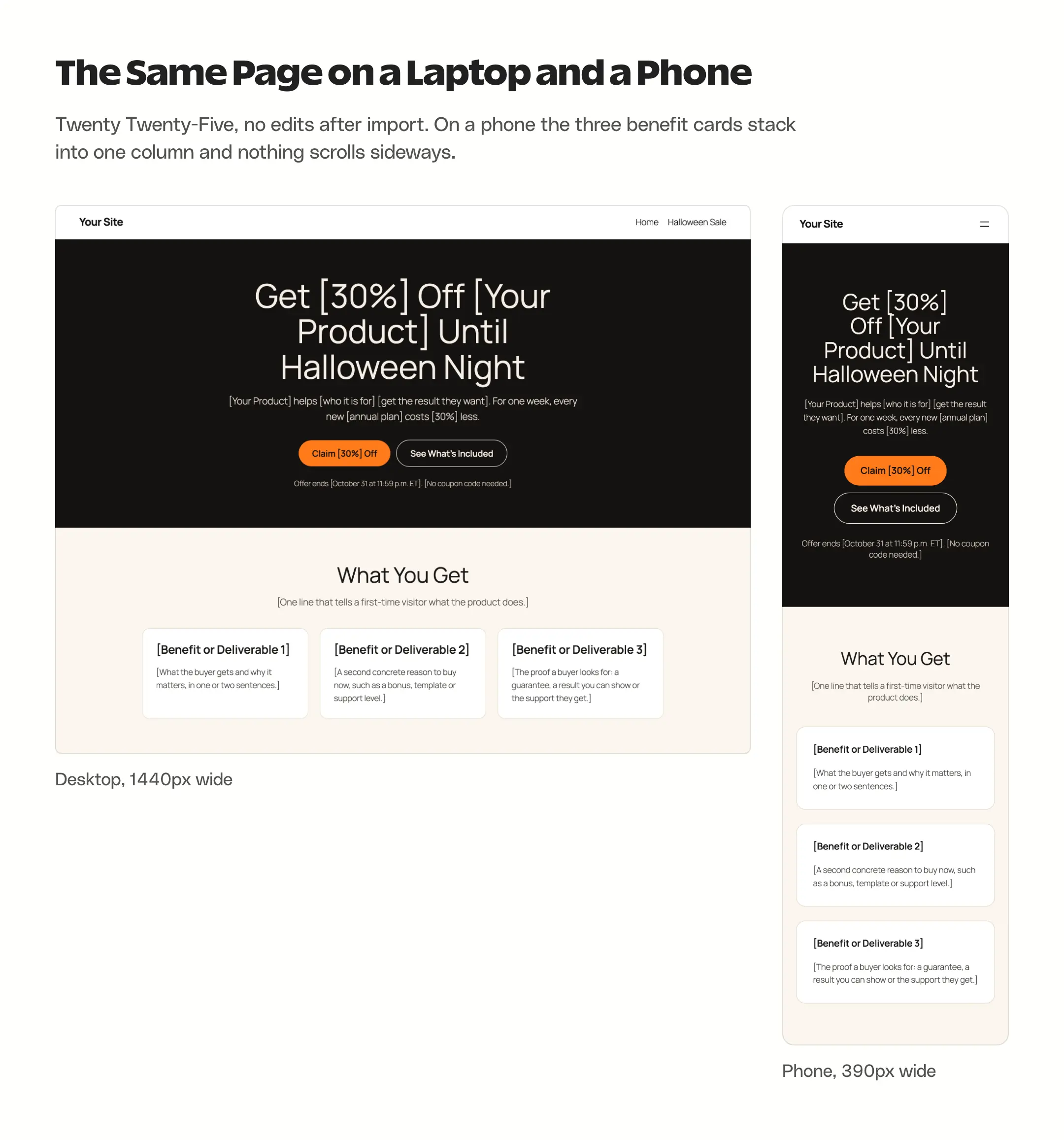 The Halloween landing page on a 1440px desktop with three benefit cards in a row, and on a 390px phone with the cards stacked in one column