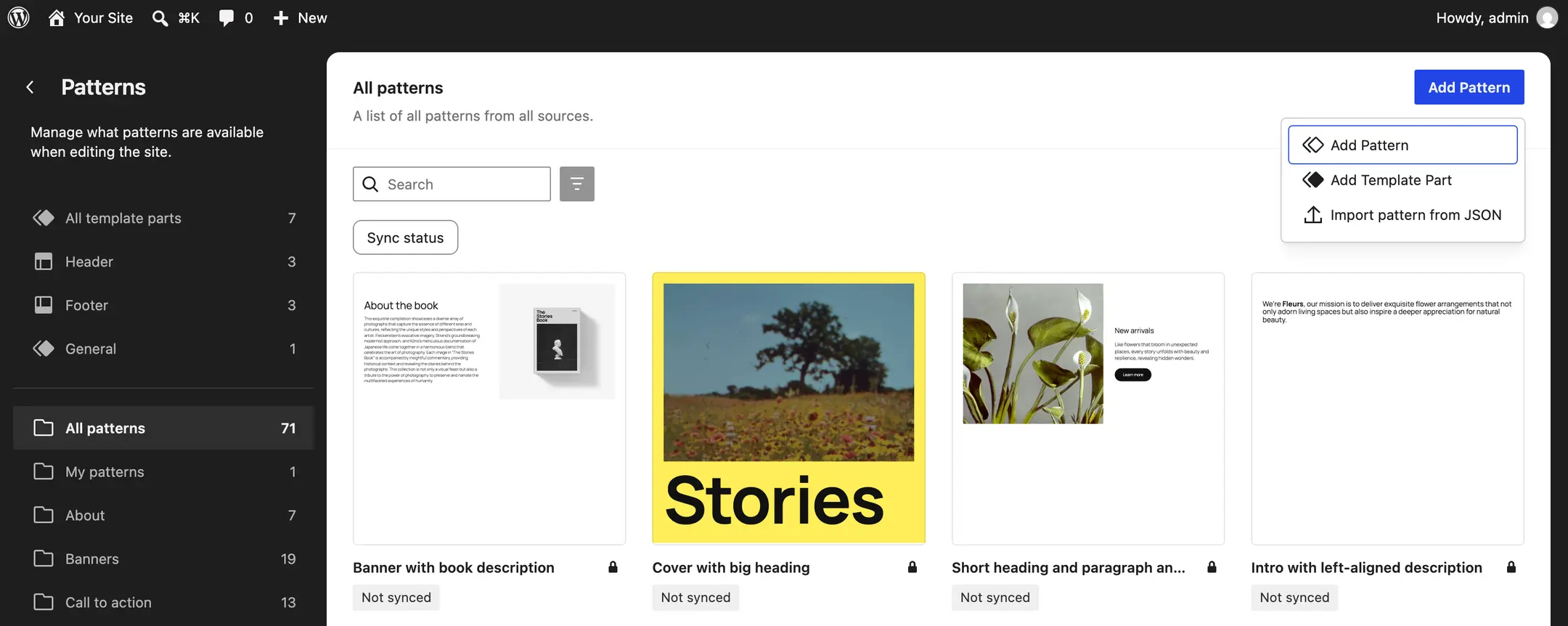 WordPress Patterns screen with the Add Pattern menu open, showing Add Pattern, Add Template Part and Import pattern from JSON
