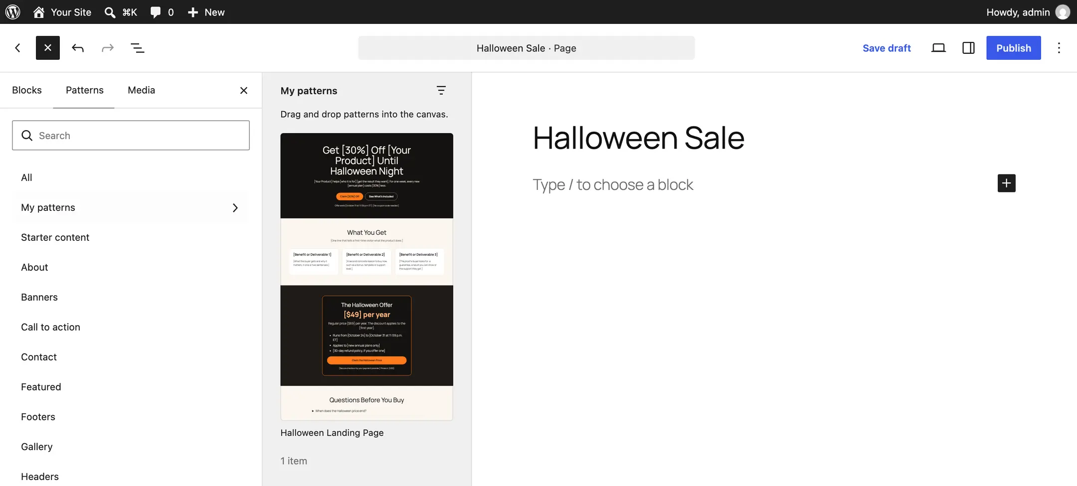 WordPress block inserter on the Patterns tab with My patterns open, showing the Halloween Landing Page pattern preview