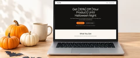 Laptop on a desk with pumpkins and paper bats, showing a Halloween sale landing page with an orange Claim 30% Off button