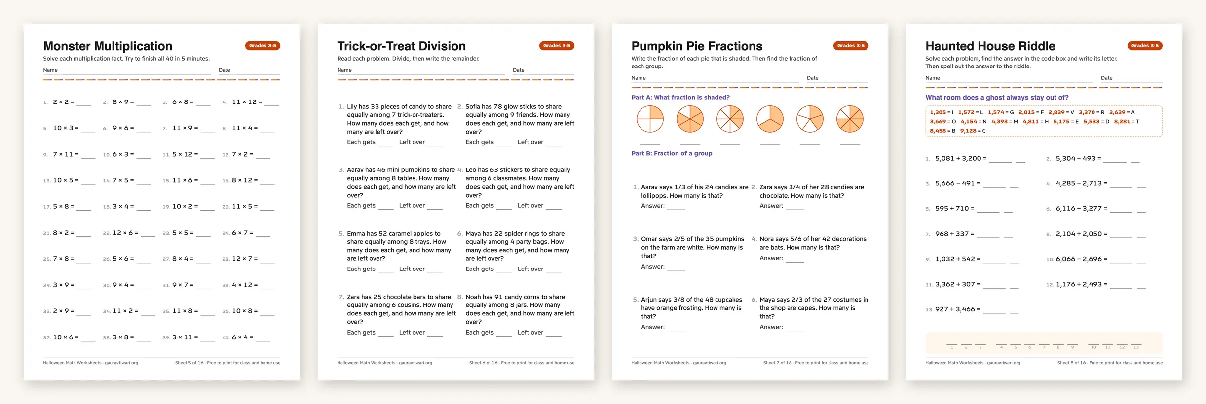 Four Halloween math worksheets for grades 3-5: multiplication facts, division with remainders, pumpkin pie fractions and a decode-the-riddle sheet