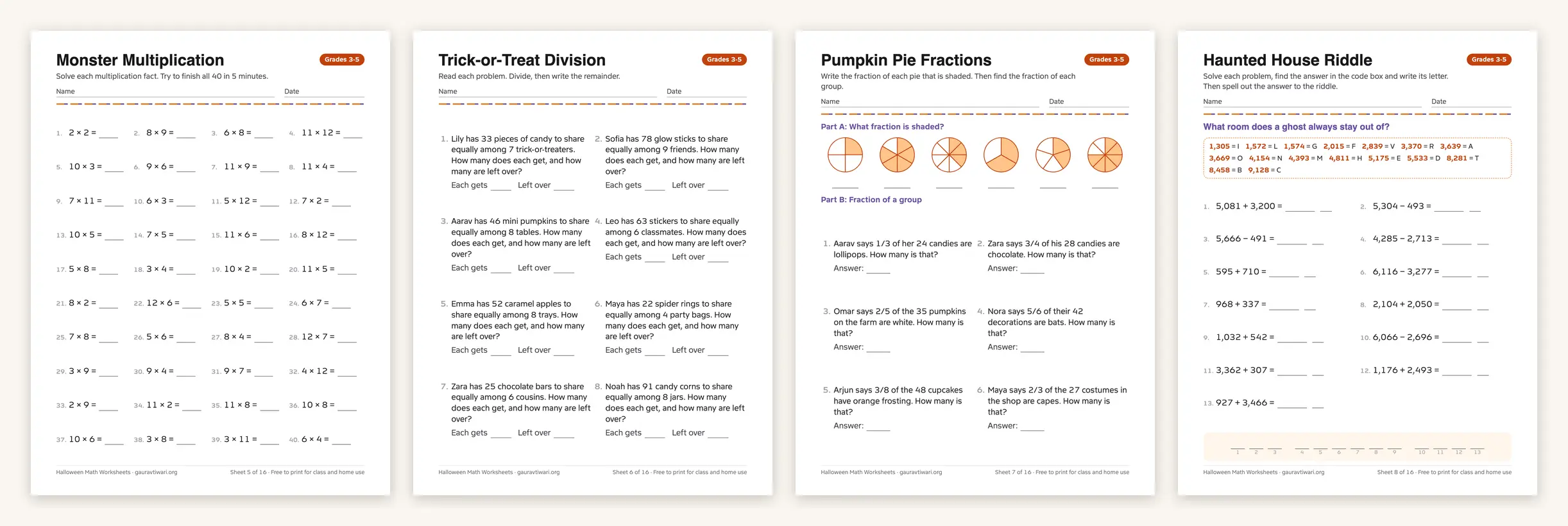 Four Halloween math worksheets for grades 3-5: multiplication facts, division with remainders, pumpkin pie fractions and a decode-the-riddle sheet