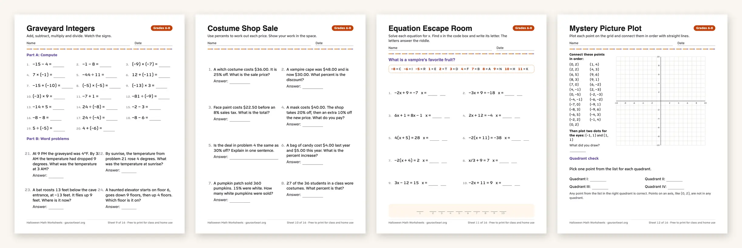Four Halloween math worksheets for grades 6-8: integer operations, costume shop percents, an equation riddle and a coordinate plane bat picture