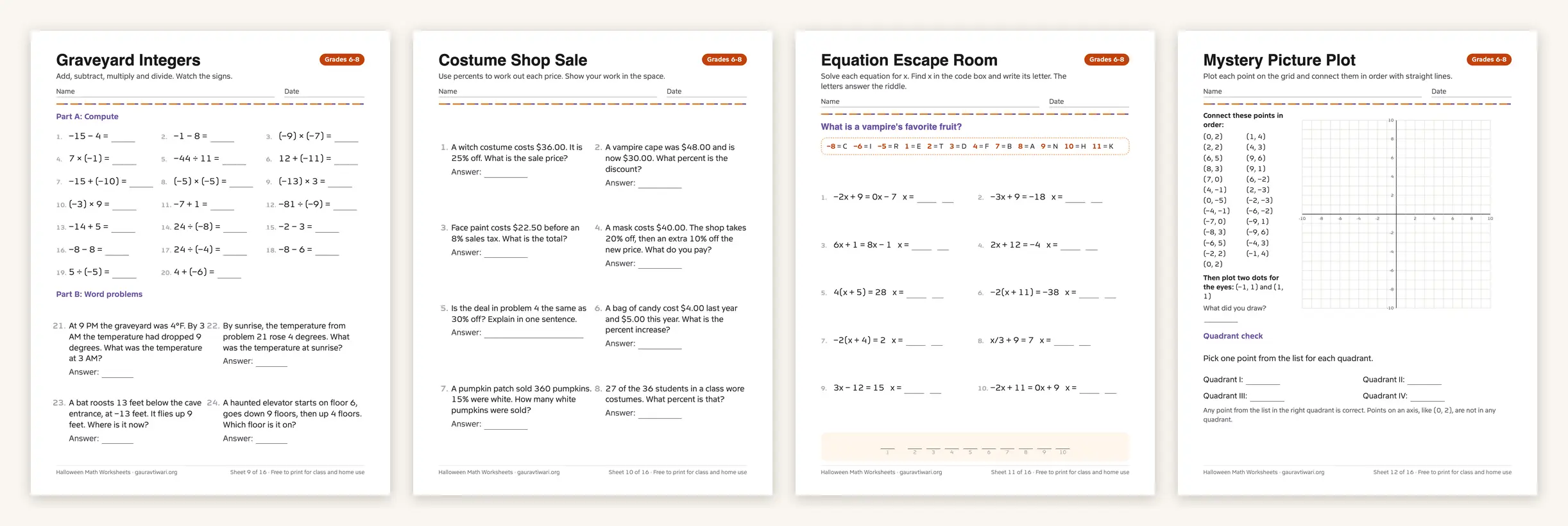 Four Halloween math worksheets for grades 6-8: integer operations, costume shop percents, an equation riddle and a coordinate plane bat picture