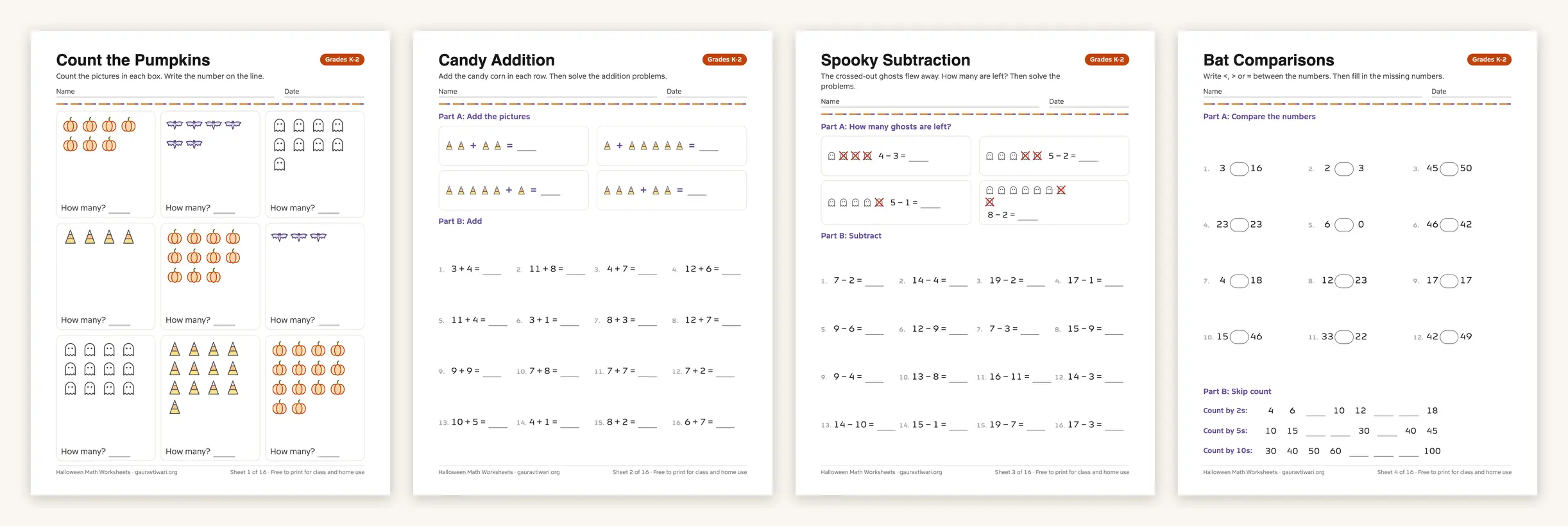 Four Halloween math worksheets for grades K-2: counting pumpkins, candy addition, ghost subtraction and bat number comparisons
