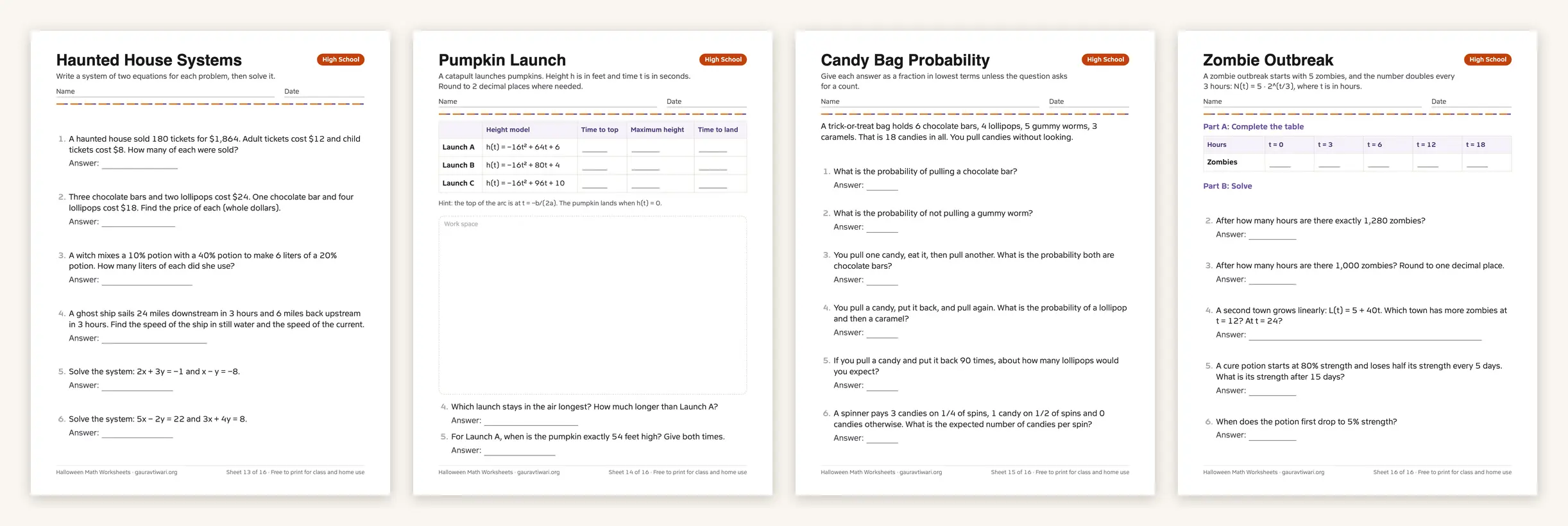 Four Halloween math worksheets for high school: systems of equations, pumpkin launch quadratics, candy probability and zombie exponential growth