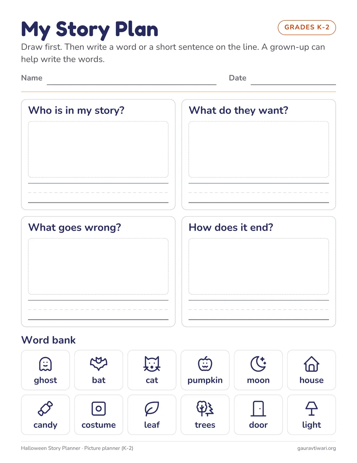 Picture story planner for grades K-2 with four draw-and-write boxes and a word bank of Halloween words with small icons