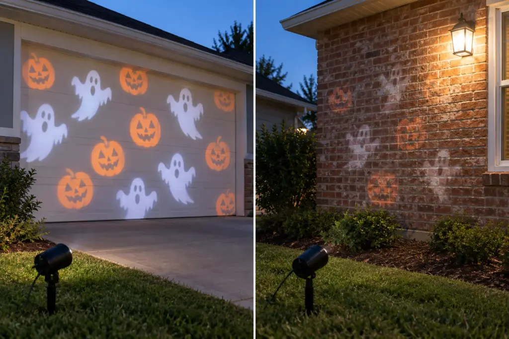The same Halloween projector pattern shown sharp and bright on a plain garage door, and faint and broken up on a brick wall next to a lit porch lamp