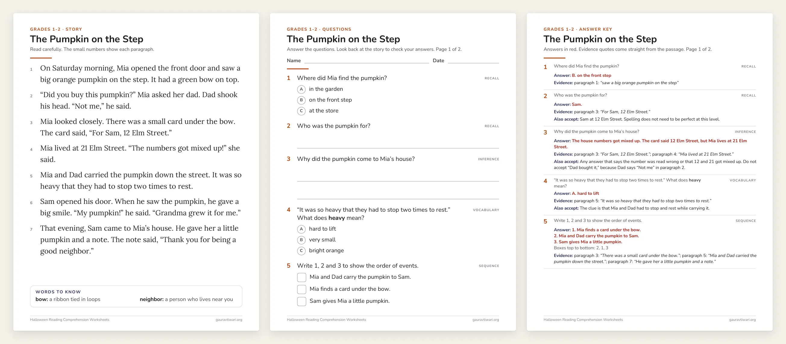 Three pages from the grades 1-2 Halloween reading worksheets: the story The Pumpkin on the Step in large type, its question sheet with answer bubbles and the answer key with evidence from the story