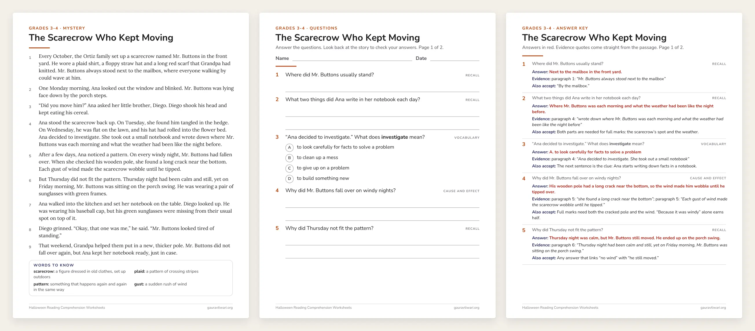 Three pages from the grades 3-4 Halloween reading worksheets: the mystery The Scarecrow Who Kept Moving with numbered paragraphs, its question sheet and the answer key with evidence quotes