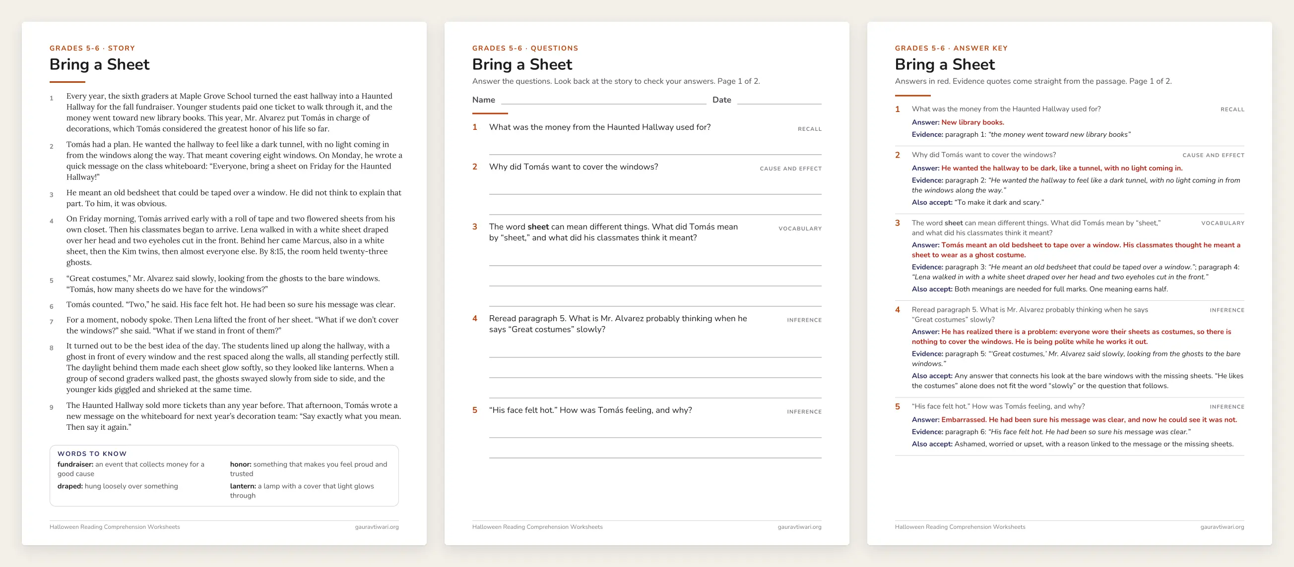 Three pages from the grades 5-6 Halloween reading worksheets: the story Bring a Sheet, its question sheet with writing lines and the answer key with evidence and accepted answers