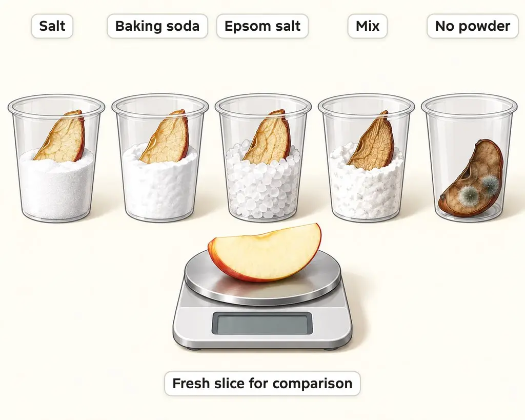 Illustration of apple slices dried out in salt, baking soda, Epsom salt and a mix, next to a moldy slice with no powder and a fresh slice on a scale