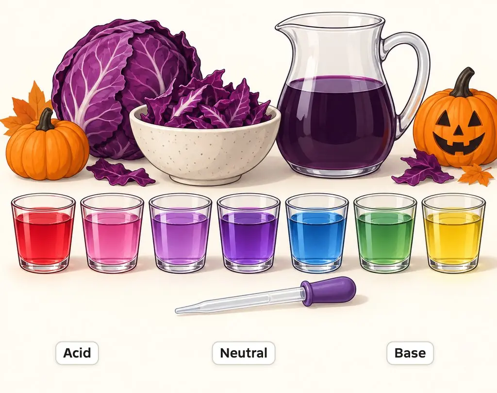 Illustration of red cabbage indicator in 7 cups shading from red and pink for acids through purple for neutral to blue, green and yellow for bases