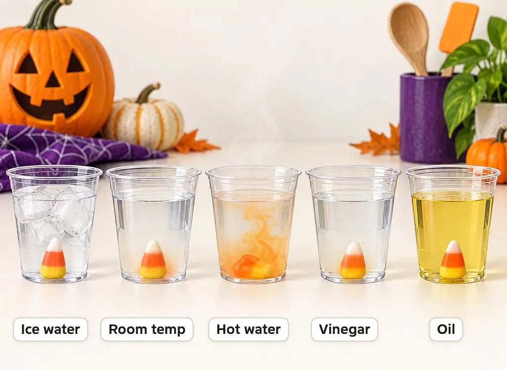 Illustration of 5 cups with a candy corn in each: ice water, room-temperature water, hot water, vinegar and oil, with the candy most dissolved in hot water and intact in oil