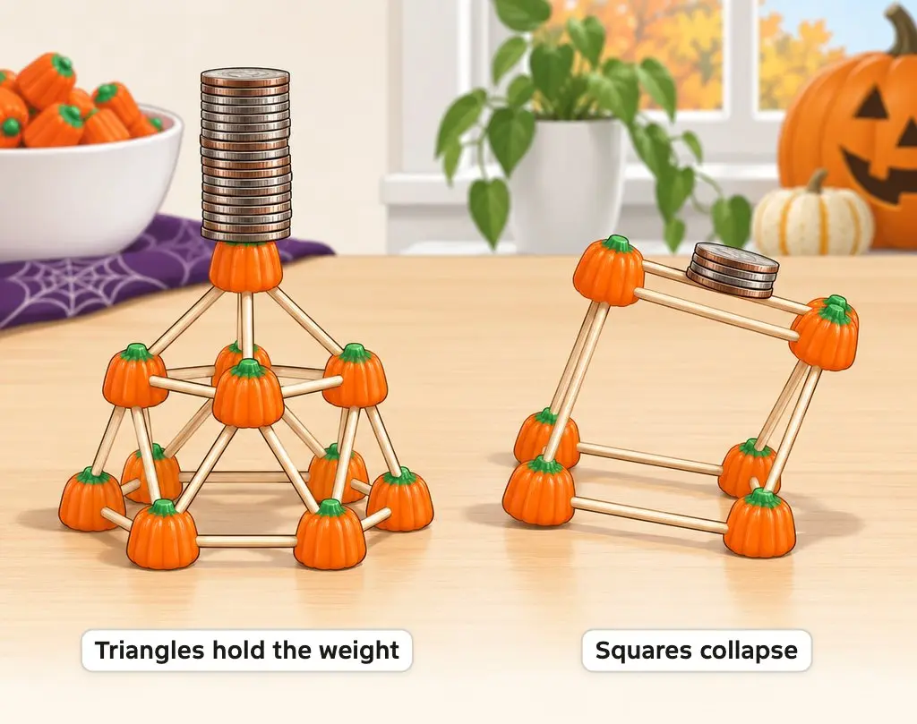 Illustration of a triangle-based candy pumpkin dome holding a tall stack of coins next to a square candy cube collapsing under a few coins