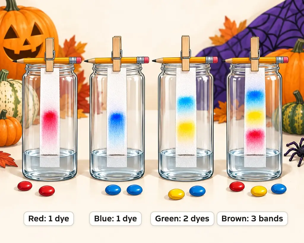 Illustration of paper strips in jars of water showing candy dyes: red and blue as single bands, green split into blue and yellow, brown split into 3 bands