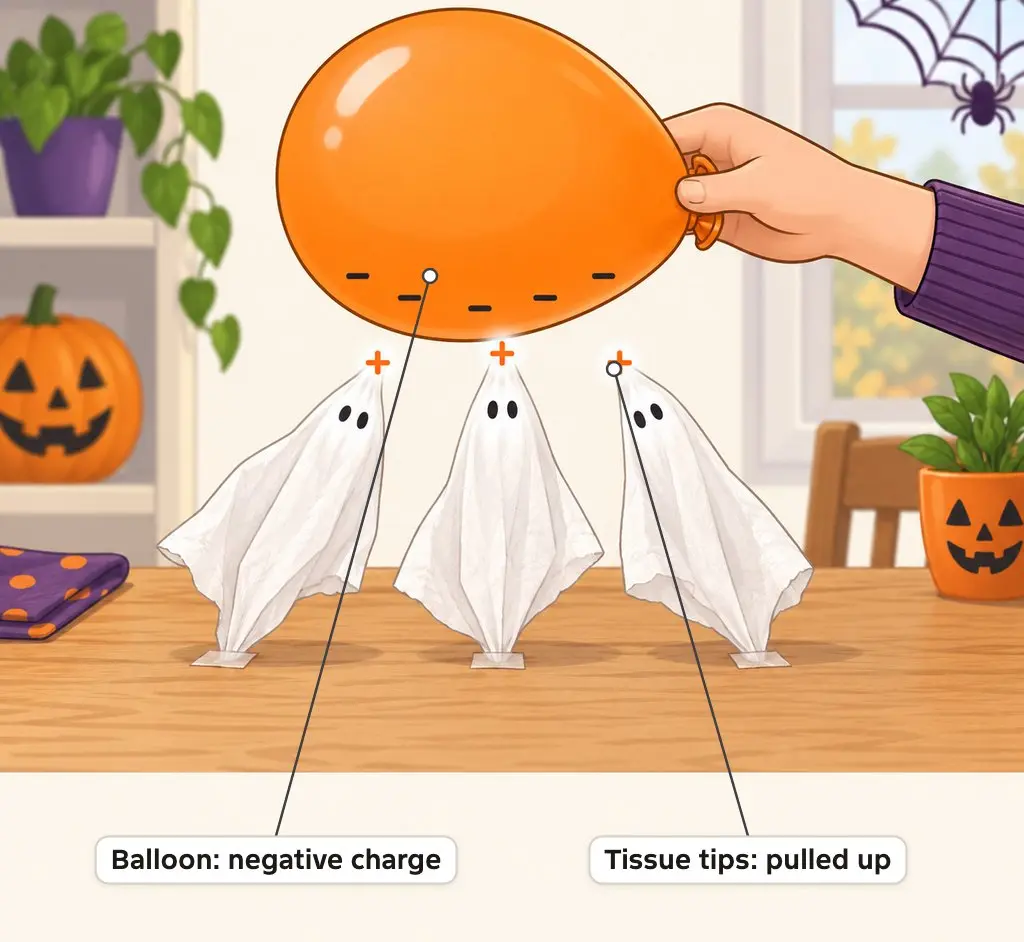 Illustration of a negatively charged balloon pulling up the tips of 3 tissue paper ghosts taped to a table
