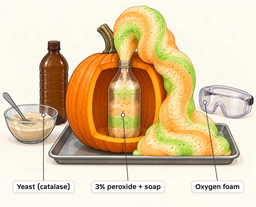 Illustration of a bottle of 3% hydrogen peroxide and soap inside a hollow pumpkin, with yeast beside it and a column of striped oxygen foam erupting