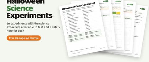 Pages from the free Halloween Science Lab Journal fanned out next to the title Halloween Science Experiments