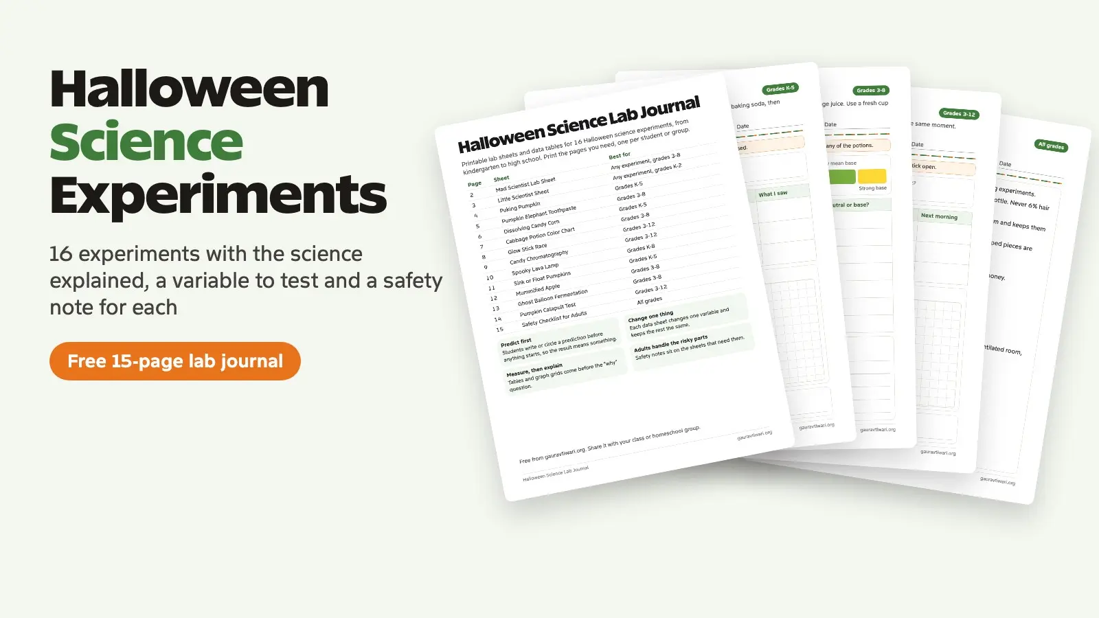 Pages from the free Halloween Science Lab Journal fanned out next to the title Halloween Science Experiments
