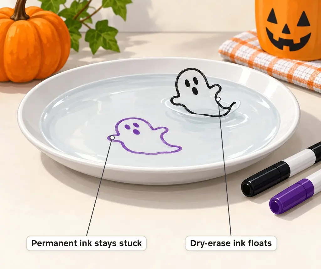 Illustration of a plate of water where a dry-erase marker ghost floats off the surface while a permanent marker ghost stays stuck to the plate
