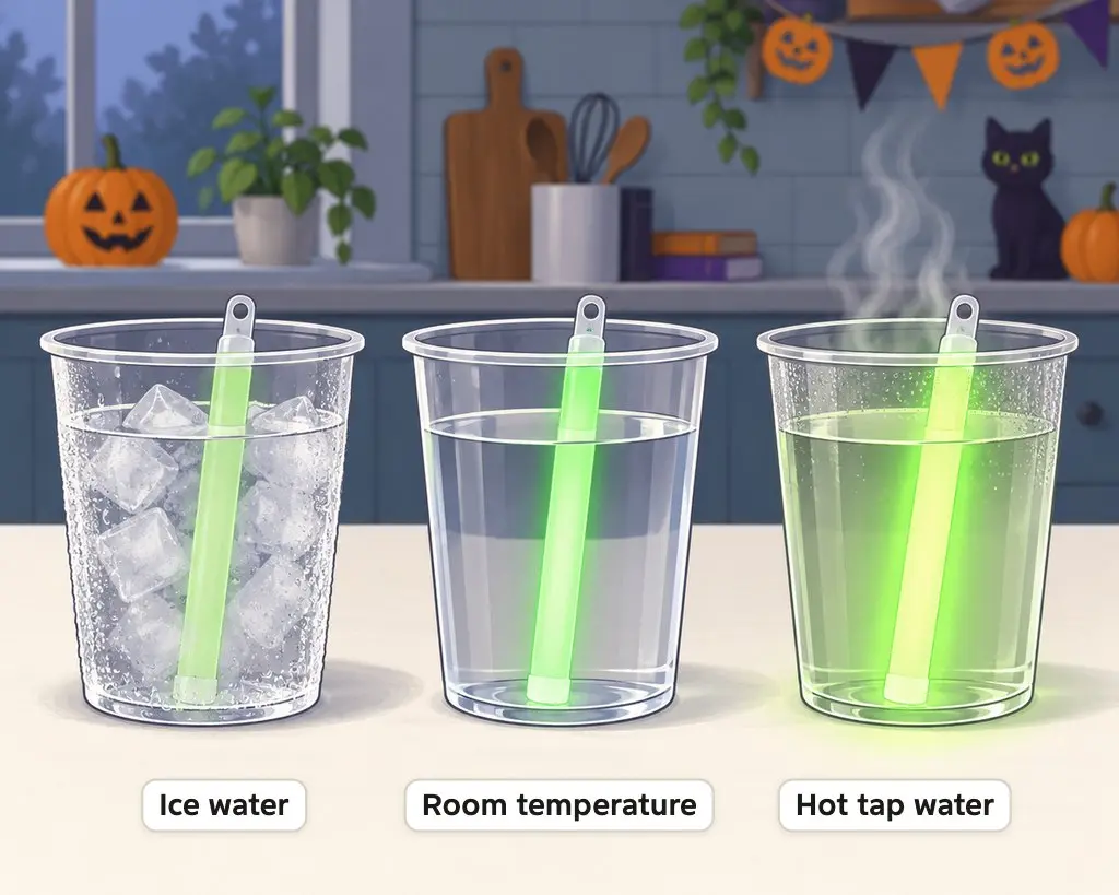Illustration of 3 green glow sticks in ice water, room-temperature water and hot tap water, glowing dimmest in the cold cup and brightest in the hot cup