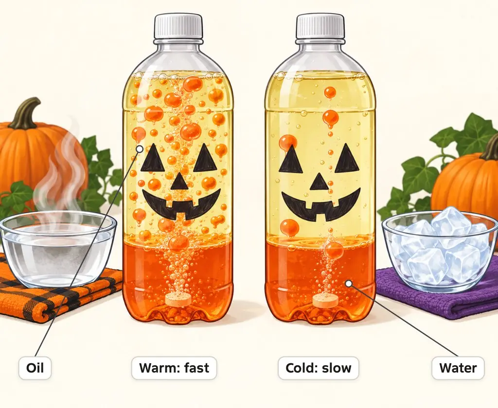 Illustration of 2 oil and water lava lamp bottles with fizzing tablets, the warm bottle full of fast rising blobs and the cold bottle with only a few