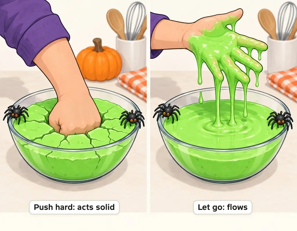 Illustration of green oobleck staying solid and cracking under a punching fist, and flowing like a liquid off an open hand