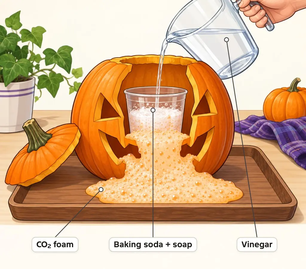 Illustration of a carved pumpkin with a cup of baking soda and dish soap inside, vinegar being poured in and carbon dioxide foam spilling out of its mouth