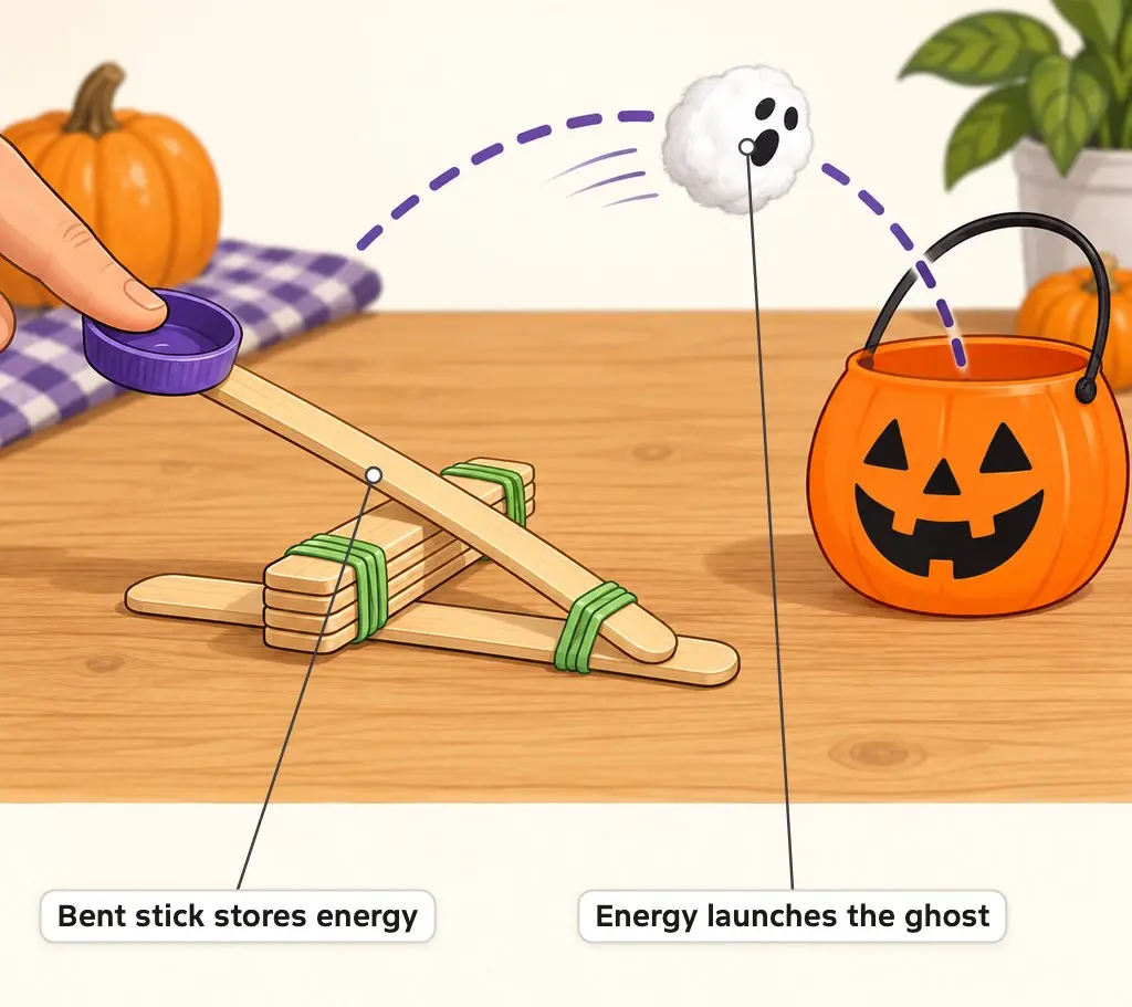 Illustration of a craft stick catapult with a finger pressing the bent launch stick and a cotton ball ghost flying in an arc into a pumpkin bucket