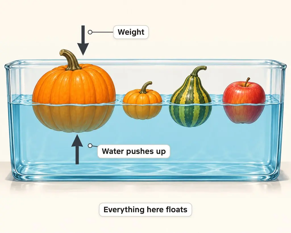 Illustration of pumpkins, a gourd and an apple floating in a tub of water, with arrows showing the weight pushing down and the water pushing up