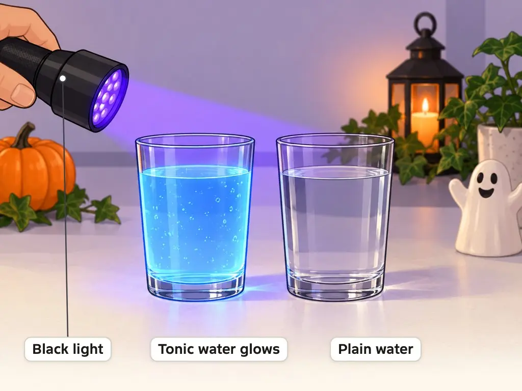 Illustration of a black light shining on a glass of tonic water that glows blue next to a glass of plain water that does not glow