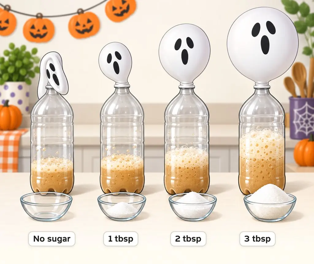 Illustration of 4 bottles of yeast with ghost balloons that grow larger as the sugar increases from none to 3 tablespoons