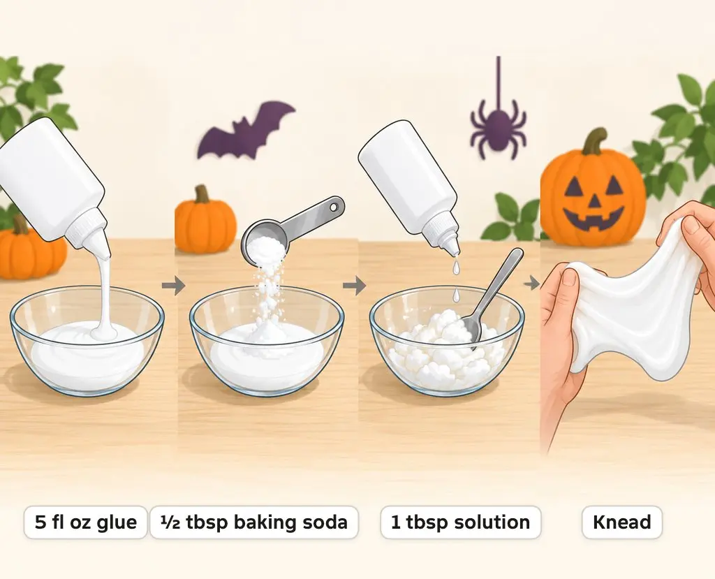 Illustration of the 4 steps of contact solution slime: pouring glue, adding baking soda, adding contact lens solution and kneading the finished slime