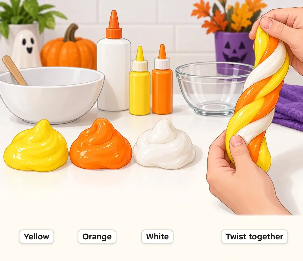 Illustration of yellow, orange and white slime twisted into a striped candy corn rope