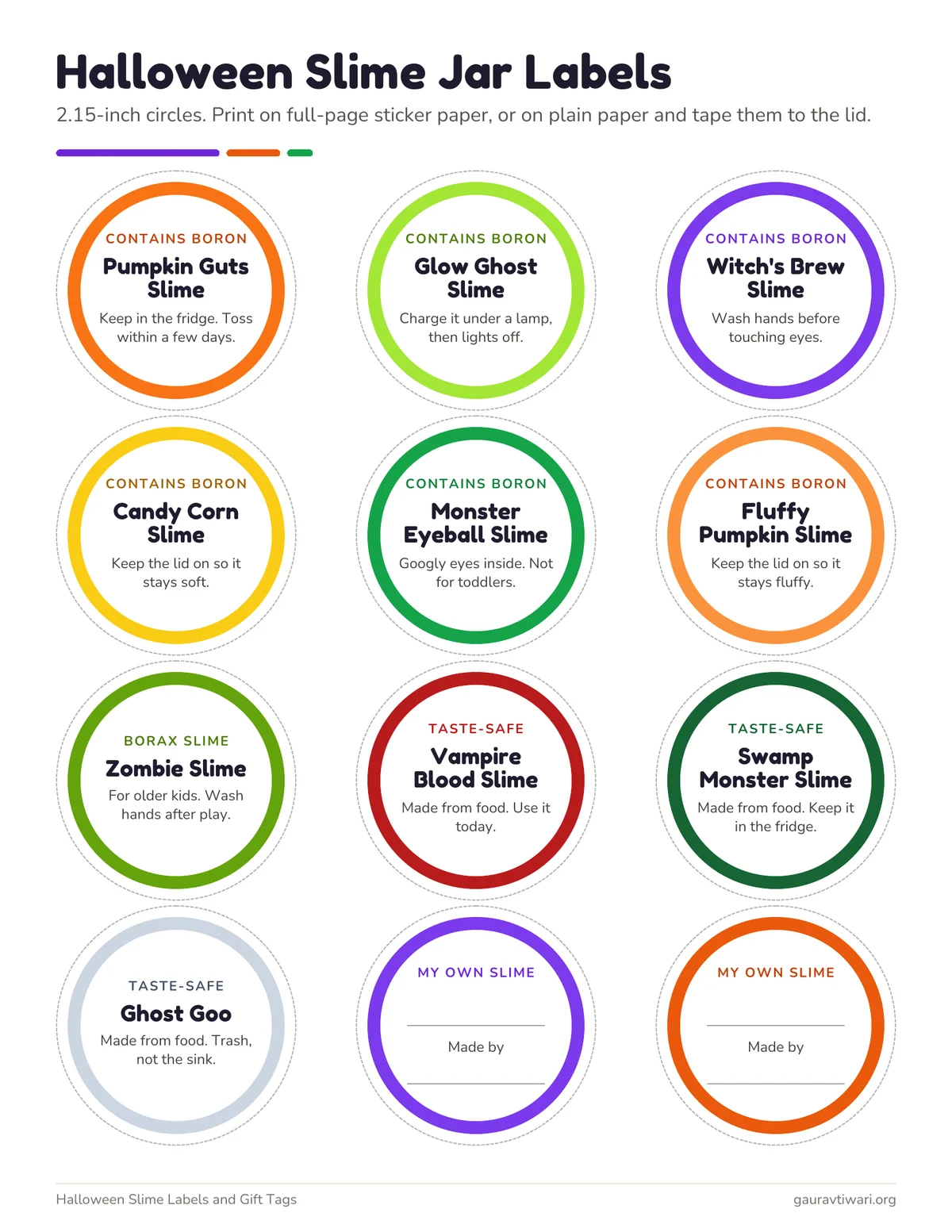 Halloween slime jar label sheet with 12 round labels, including 2 blank labels for your own slime names